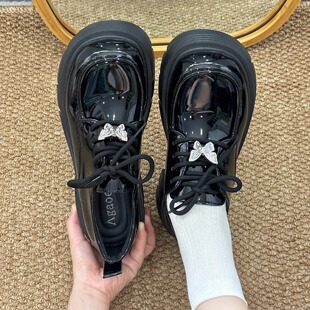 6cm~英伦风小皮鞋女2026春季复古百搭黑色圆头系带蝴蝶配裙子穿的
