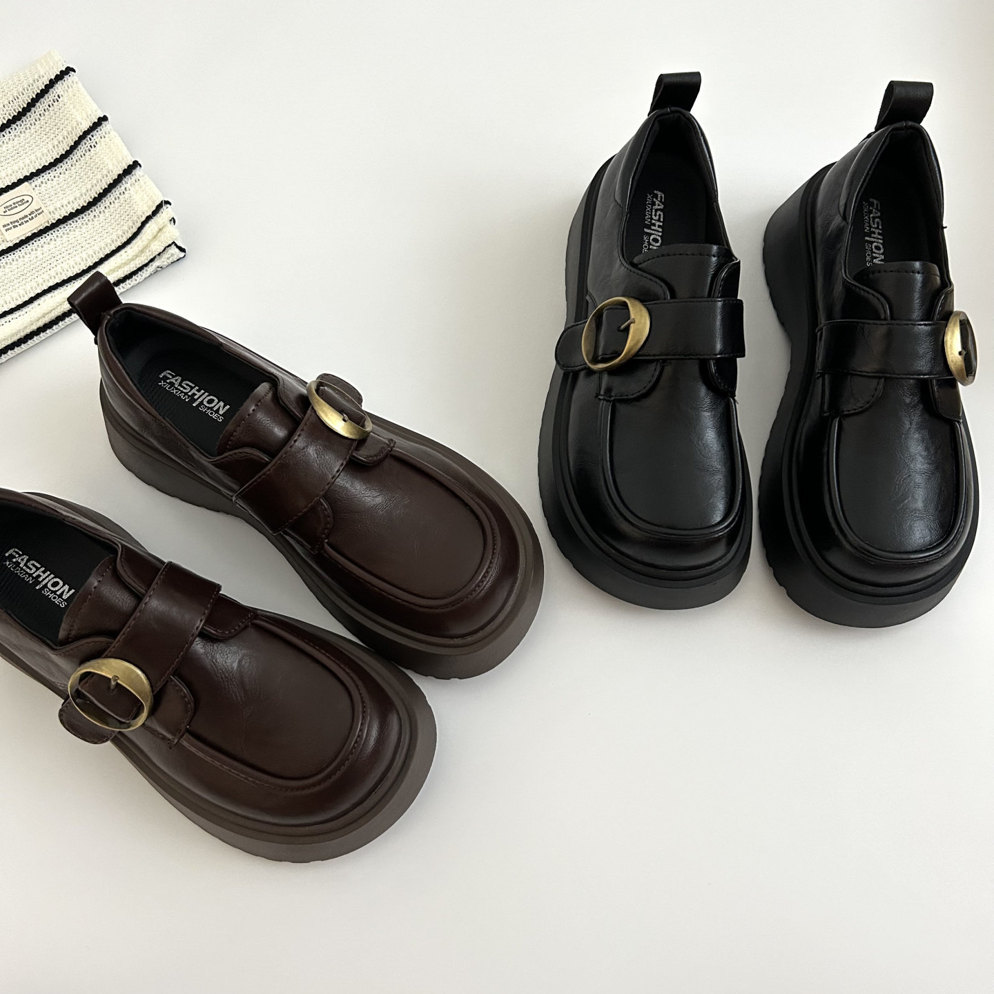 英伦风小皮鞋女2025年秋季新款松糕厚底圆头百搭魔术贴黑色乐福鞋,女鞋,深口单鞋,淘宝优惠券,粉丝福利购,淘宝优惠卷