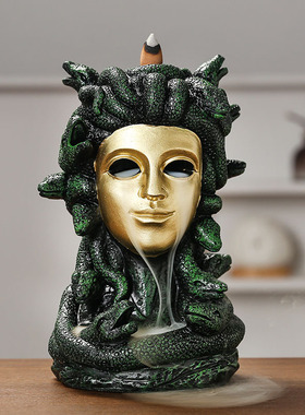 跨境创意蛇发女希腊神话蛇头面具倒流香炉树脂工艺家居摆件装饰品