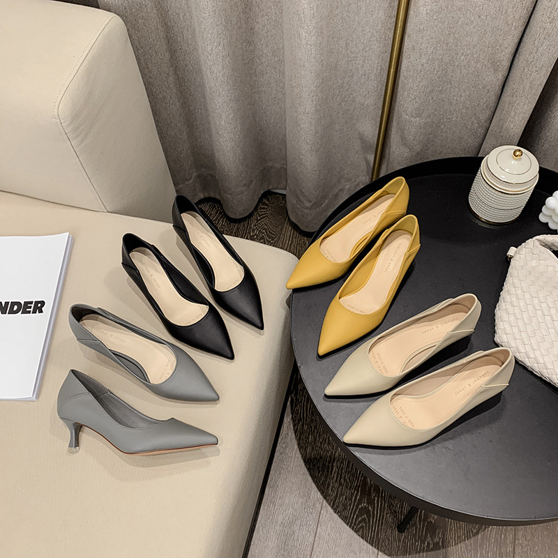 238-1单鞋女2025新款浅口细跟中跟女黑色工作鞋小矮跟女鞋气质