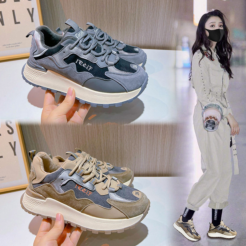 加绒老爹鞋女2025冬季新款女士厚底运动鞋女休闲单鞋平底真皮女鞋