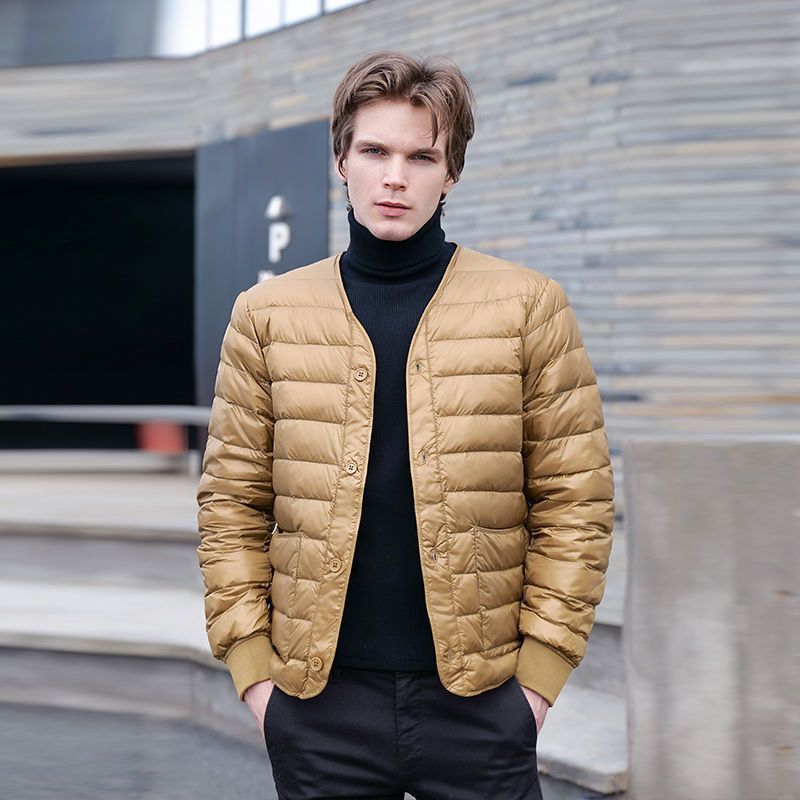 跨境TikTok羽绒服男短款修身加厚保暖轻薄无领V领白鸭绒内胆外套