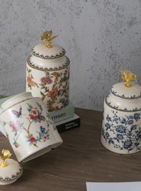 美式陶瓷储物罐茶叶罐家居乔迁喜品装饰欧式复古裂纹瓷将军罐摆件