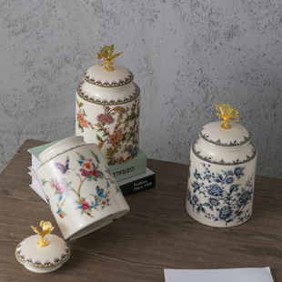 复古裂纹瓷将军罐摆件 饰欧式 美式 陶瓷储物罐茶叶罐家居乔迁喜品装