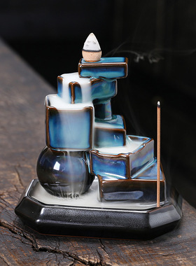 陶瓷高山流水倒流香炉摆件 创意圆球方块蓝色倒流香薰炉家居摆件