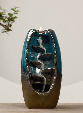 跨境陶瓷烟倒流香炉创意窑变蓝色左右逢源倒流香薰炉家居饰品摆件