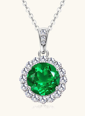 抖音网红直播爆款仿祖母绿项链女欧美奢华圆包吊坠s925纯银锁骨链