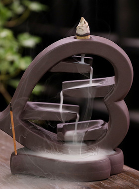 静尘 跨境新品紫砂左右逢源心形倒流檀香炉家居饰品工艺摆件原创