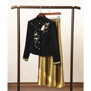 黑色新中式国风外套女2025秋冬新款重工串珠亮片绣设计感百搭上衣