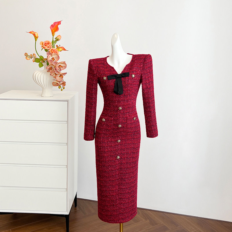 红色复古小香风长袖连衣裙女冬季长裙小众设计感高端宴会礼服裙子