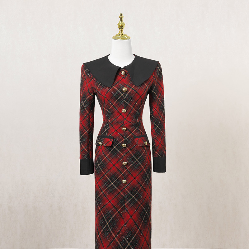 法式复古撞色拼接连衣裙女冬季长裙小众设计感御姐风高端礼服裙子