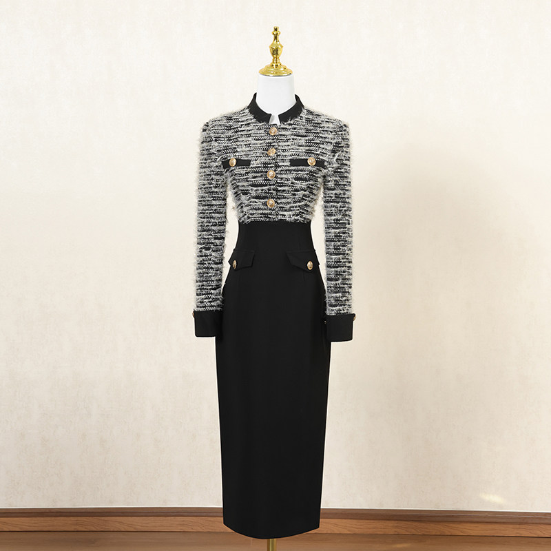 法式复古拼接假两件连衣裙女冬季长裙小众设计感高端宴会礼服裙子