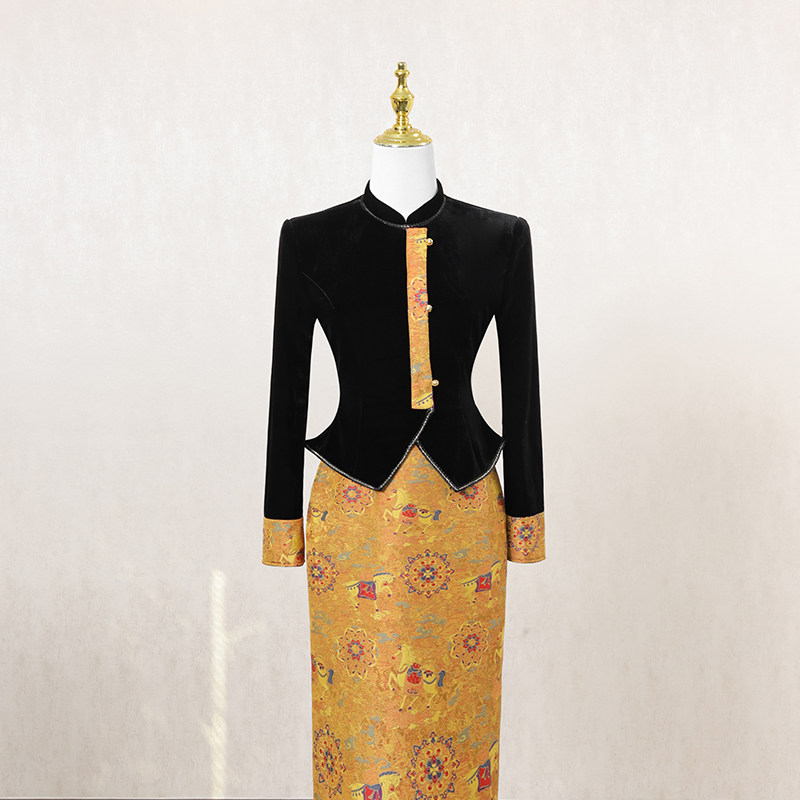 法式复古拼接假两件连衣裙女冬季长裙暗纹提花设计感高端礼服裙子