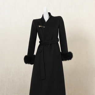 黑色复古中长款毛呢外套女2025年秋冬新款毛毛拼接设计感妮子大衣