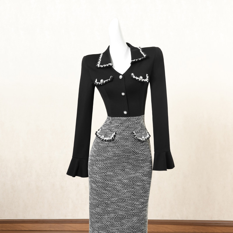 法式撞色拼接连衣裙女冬季长裙小众设计感御姐风高端宴会礼服裙子