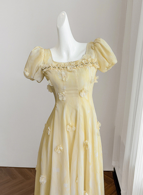 黄色复古方领短袖连衣裙女夏季长裙富家千金气质高端宴会礼服裙子