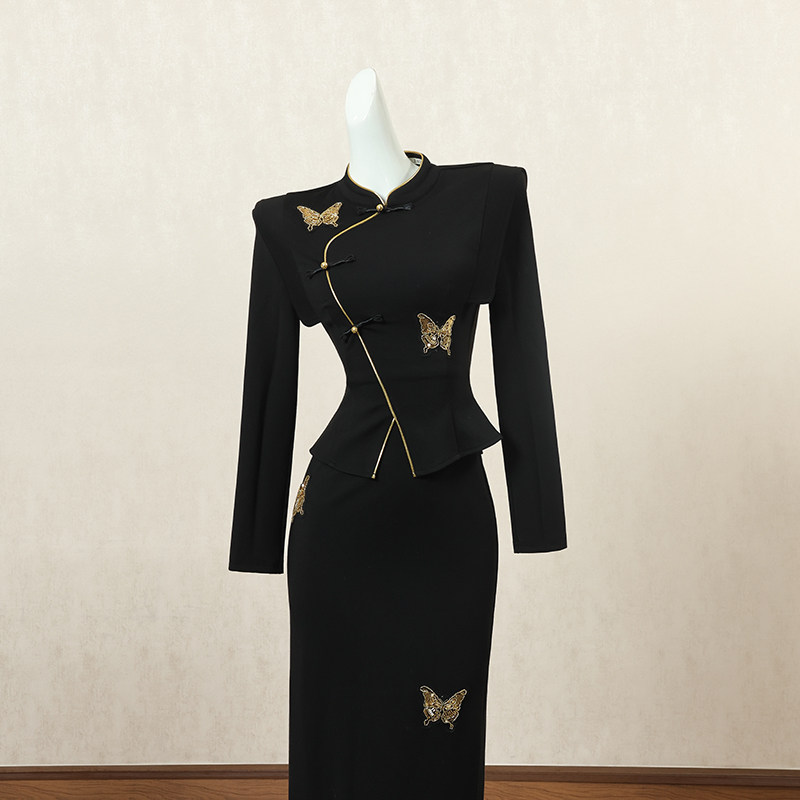 黑色新中式国风改良旗袍连衣裙女秋季长裙复古设计感高端礼服裙子