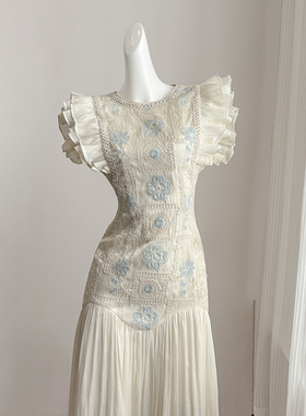 杏色复古鱼尾连衣裙女夏季长裙别致独特设计感御姐风高端礼服裙子