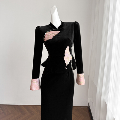 黑色新中式国风改良旗袍连衣裙