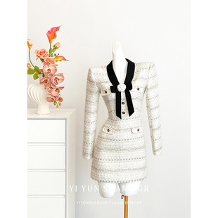 白色小香风长袖连衣裙女秋季短裙法式小众设计感高端宴会礼服裙子