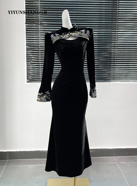 黑色新中式国风改良连衣裙女春季长裙重工刺绣设计感高端礼服裙子