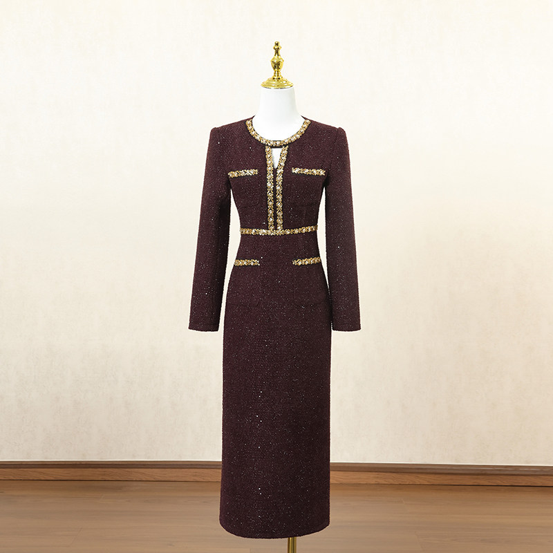 法式复古小香风连衣裙女冬季长裙重工钉钻设计感高端宴会礼服裙子