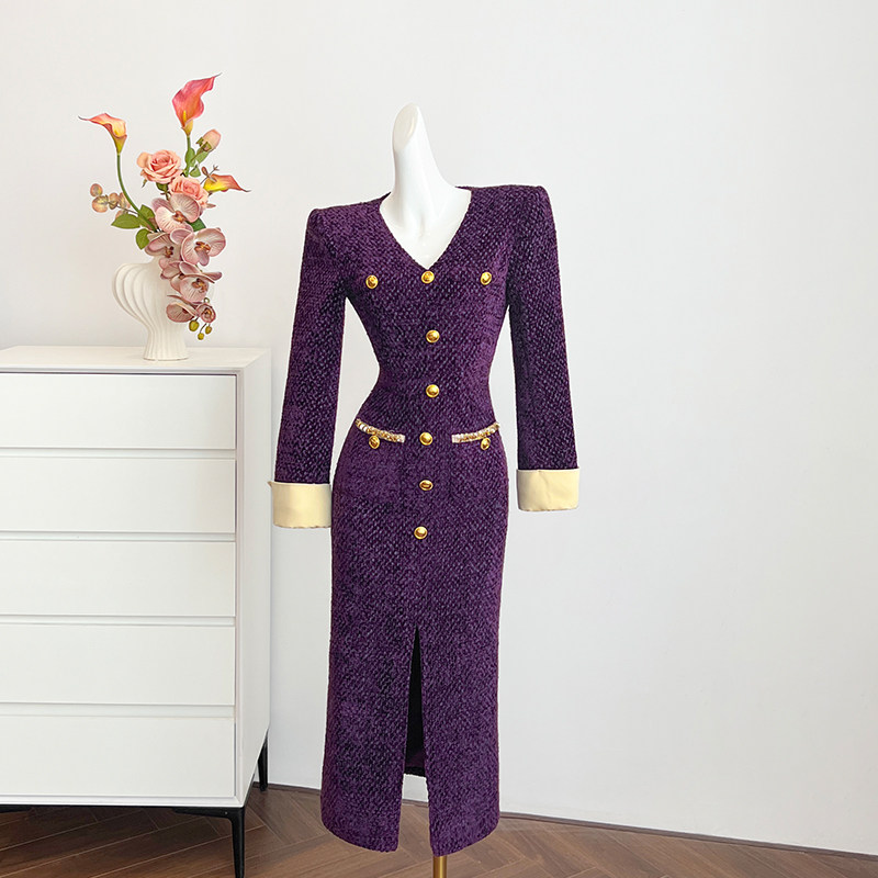 紫色复古小香风长袖连衣裙