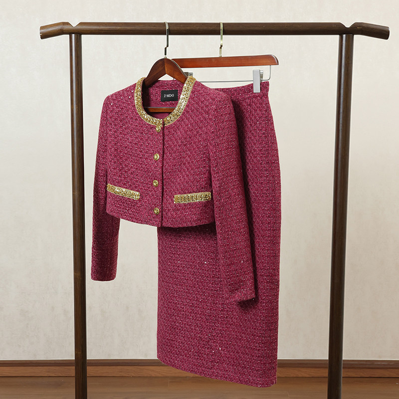 红色复古小香风套装女2025年秋冬新款重工串珠短外套+裙子两件套