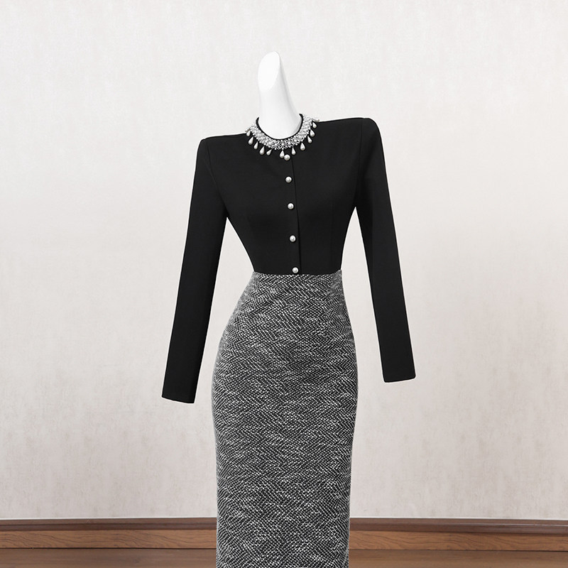 法式复古撞色拼接连衣裙女冬季长裙小众设计感御姐风高端礼服裙子