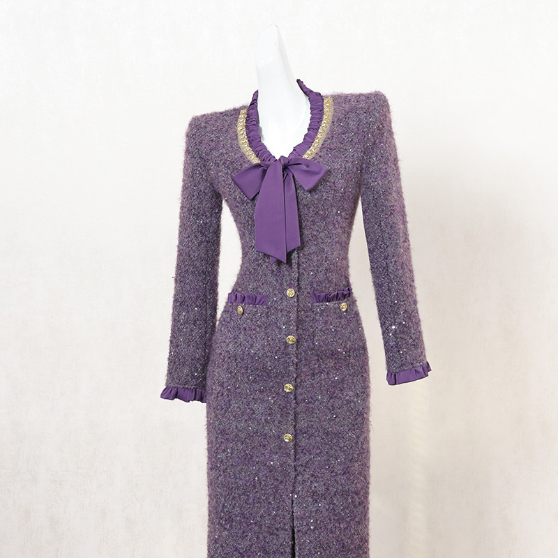 紫色复古小香风连衣裙女冬季长裙蝴蝶结设计感御姐风高端礼服裙子