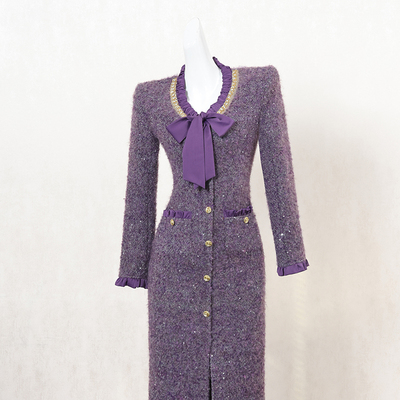 紫色复古小香风连衣裙