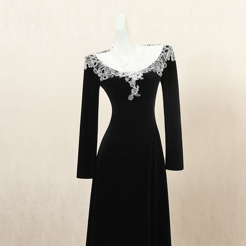 黑色复古蕾丝拼接连衣裙女秋季长裙小众设计感御姐风高端礼服裙子