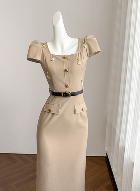 法式复古方领短袖连衣裙女夏季长裙富家千金气质高端宴会礼服裙子