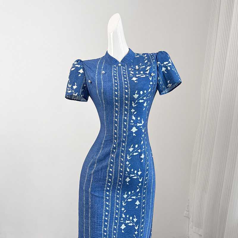 蓝色新中式国风改良旗袍连衣裙女早春长裙小众设计感高端礼服裙子