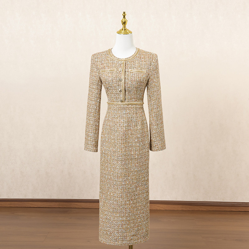 黄色复古小香风长袖连衣裙女冬季长裙小众设计感高端宴会礼服裙子