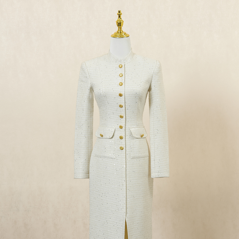 白色复古小香风长袖连衣裙