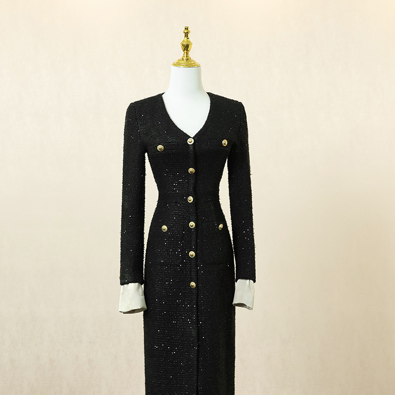 黑色复古小香风连衣裙女秋季长裙重工亮片设计感高端宴会礼服裙子