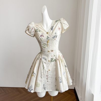 法式复古植物印花连衣裙