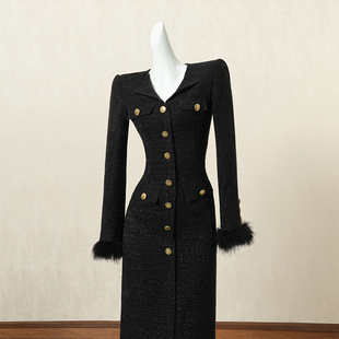 黑色复古小香风长袖连衣裙女秋季长裙毛毛拼接设计感高端礼服裙子