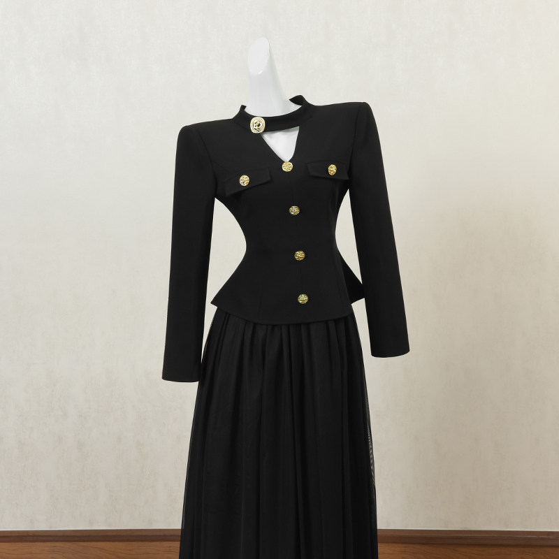 黑色复古拼接假两件连衣裙女秋季长裙小众设计感高端宴会礼服裙子