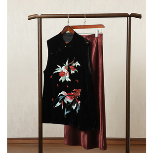 黑色重工刺绣中长款 新中式 新款 女秋季 马甲显瘦裙子两件套 国风套装