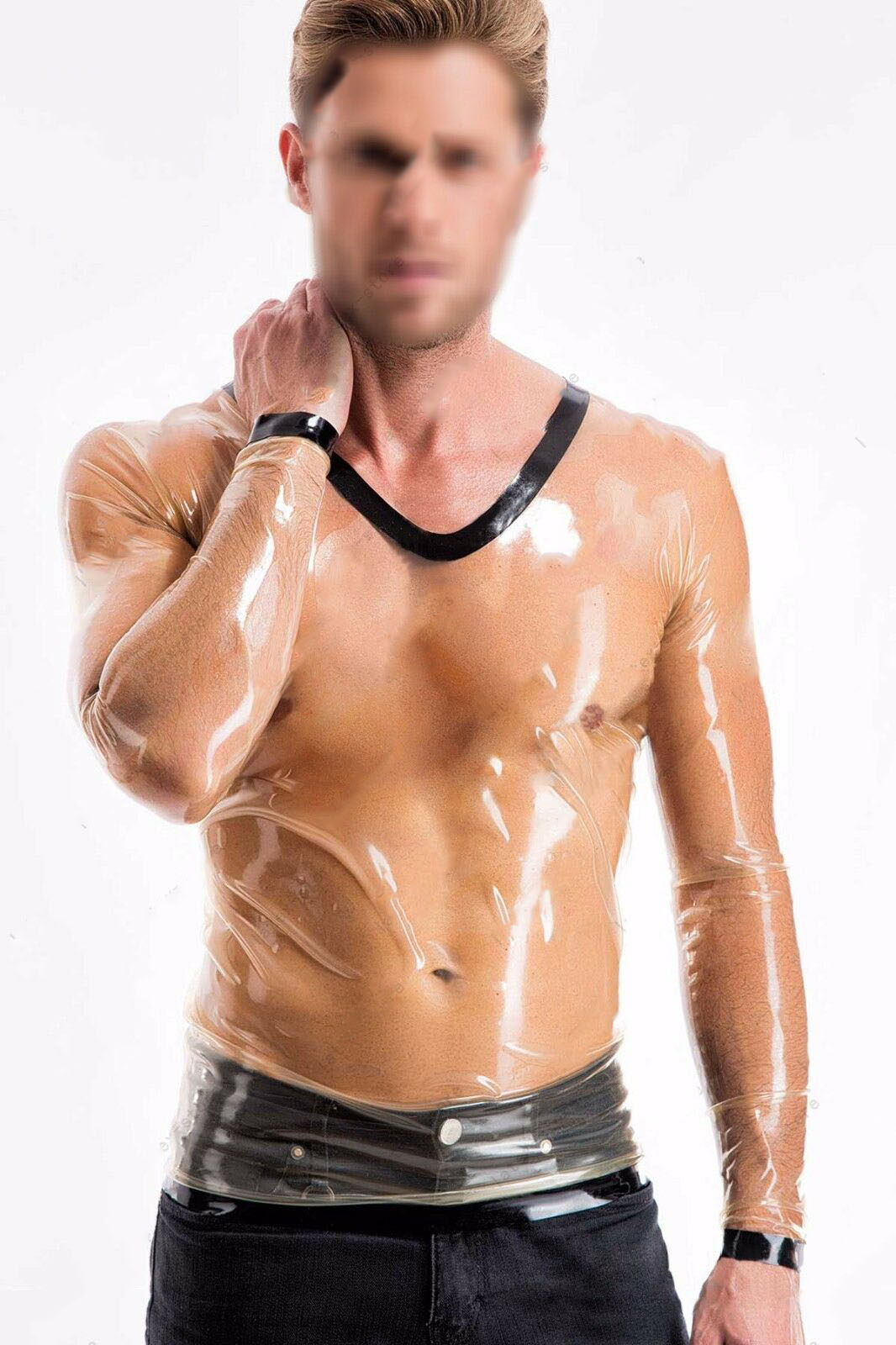 MY 乳胶上衣 男 透明色乳胶紧身上衣 V领 Latex 透明色乳胶T恤