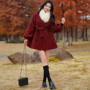 狐狸毛领羽绒毛呢外套女2025冬季新款新年红色中长款系带羊绒大衣