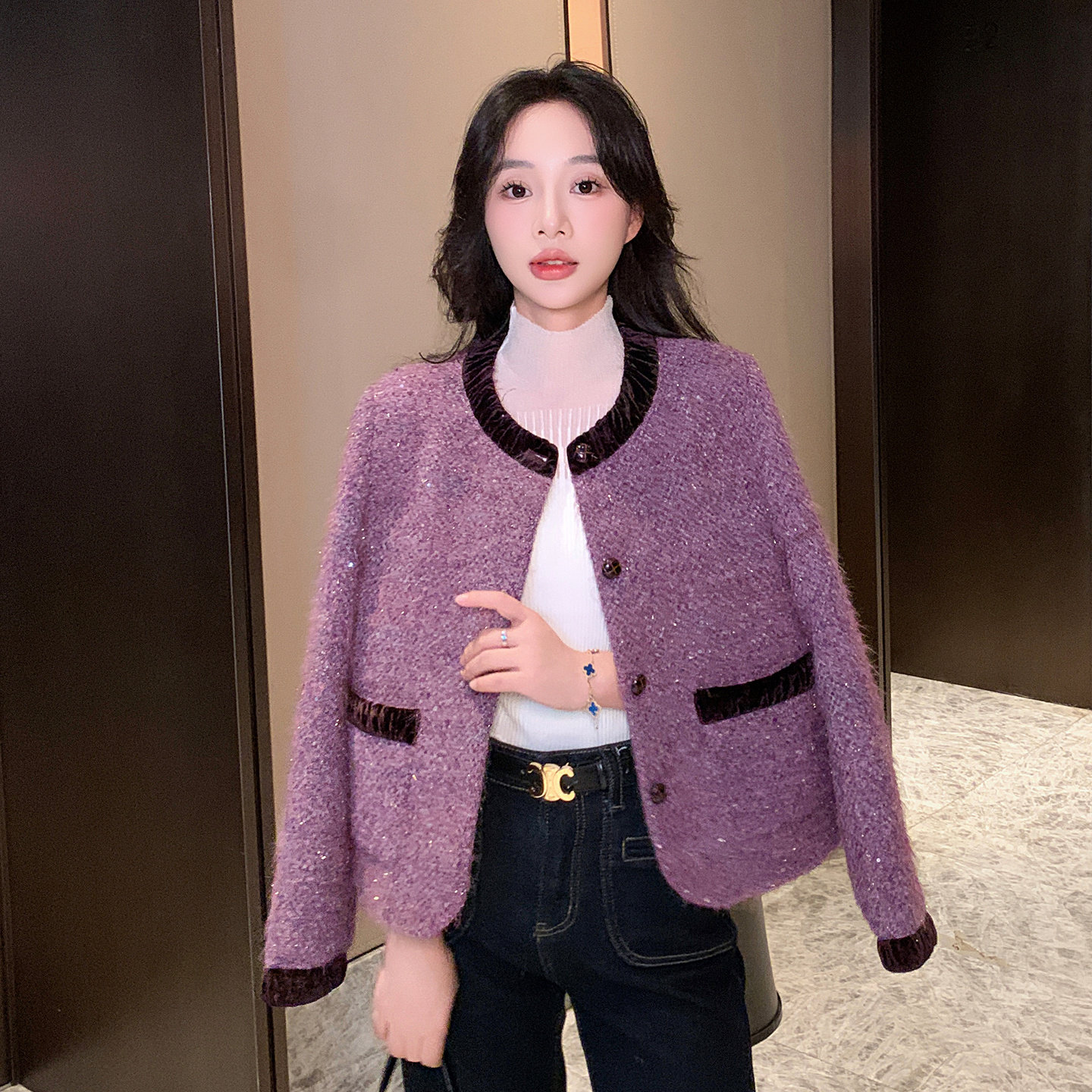 丝绒拼接紫色小香风羽绒毛呢外套