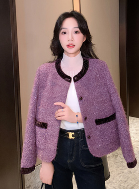 紫色金丝绒拼接小香风羽绒外套女2025冬新款加厚保暖显瘦圆领上衣