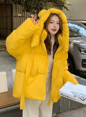 小熊耳朵黄色羽绒服女2025冬季新款设计感宽松减龄加厚保暖面包服