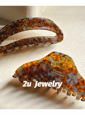 韩国ins新款碎花蓝茶镂空月牙大号抓夹France金标三角醋酸鲨鱼夹