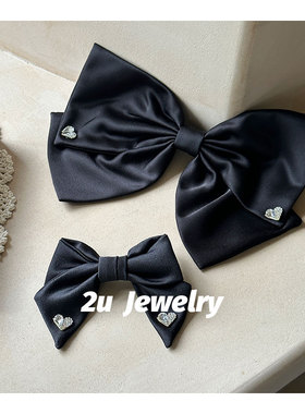 韩国ins新款黑色缎面蝴蝶结顶夹甜美鸭嘴夹爱心锆石弹簧夹边夹女