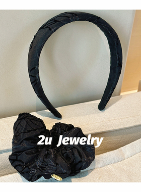 韩国ins新款黑色暗纹印花布艺大肠发圈防滑压发头箍高级感发饰女