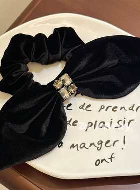 韩国ins新款水钻蝴蝶结丝绒发圈高级感黑色优雅马尾盘发皮筋发绳